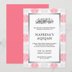 Convite Cerimônia de Aqiqah Muçulmana Floral Cinza e Rosa
