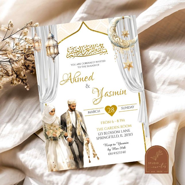 Convite Cerimônia de casamento Baraat muçulmana de ouro br (Criador carregado)