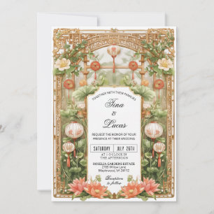 Convite Cerimônia de Casamento com Lótus e Lanterna Asiáti