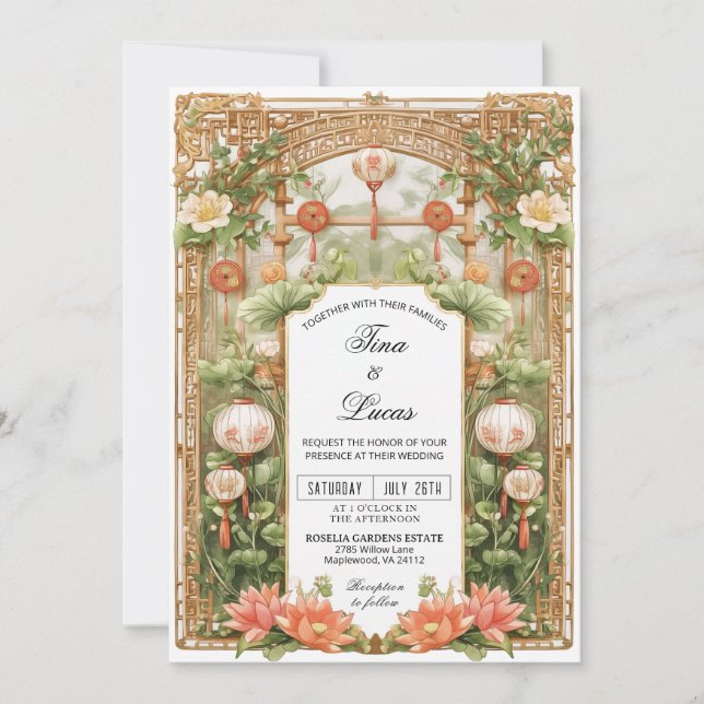 Convite Cerimônia de Casamento com Lótus e Lanterna Asiáti (Frente)