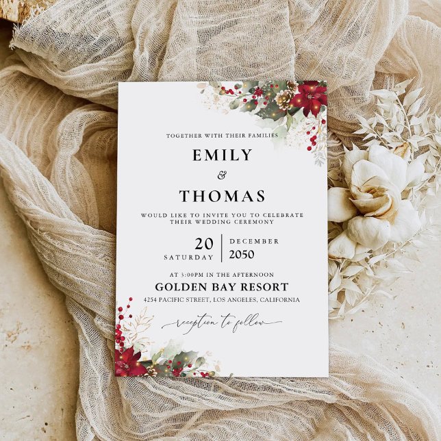 Convite Cerimônia de Casamento da Poinsettia Vermelha de N (Criador carregado)