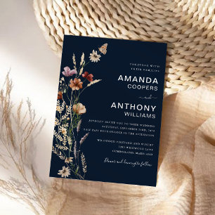 Convite Cerimônia de Casamento de Flores Selvagens marinho