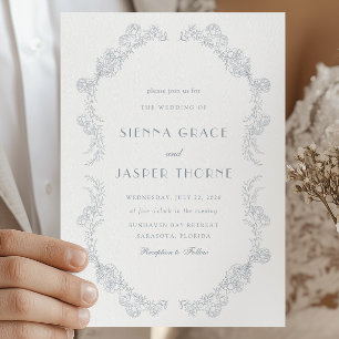 Convite Cerimônia de Casamento Floral Azul Empoeirado