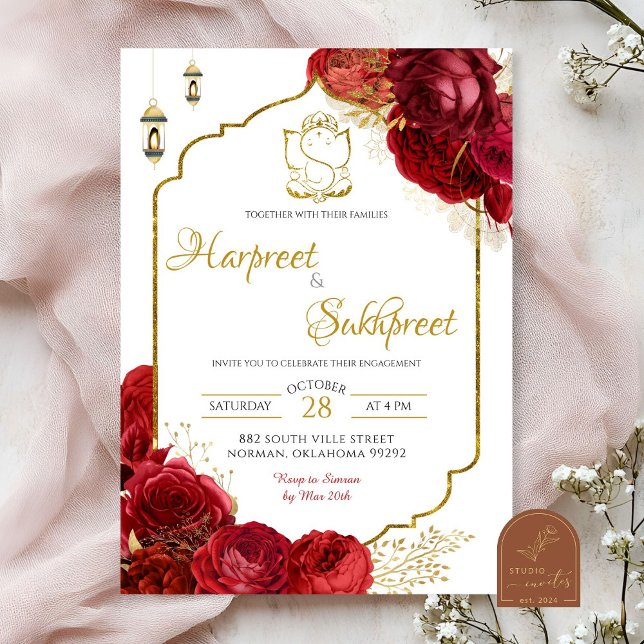 Convite Cerimônia de Casamento Floral de Rosas Vermelhas n (Criador carregado)