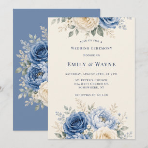 Convite Cerimônia de Casamento Floral Rosa Azul e Creme