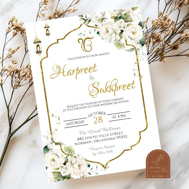 Convite Cerimônia de Casamento Hindu Roka Floral Branco (Criador carregado)