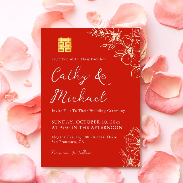 Convite Cerimônia de chá de casamento floral elegante verm (Modern Chinese Wedding invitation floral Chinese tea ceremony invite double happiness)