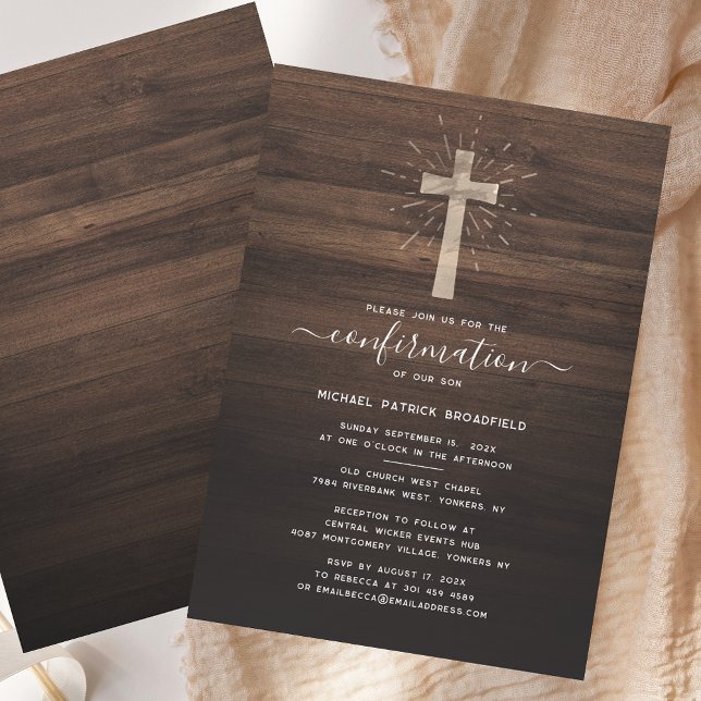 Convite Cerimônia de Confirmação Simples Rústica Cruz da I (Rustic Simple Confirmation Ceremony Church Cross Invitation)