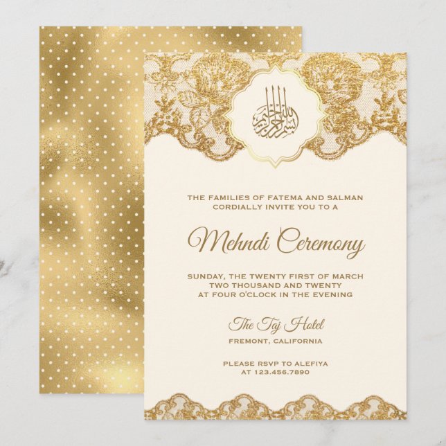 Convite Cerimônia de Creme e Gold Foil Lace Islâmica Mehnd (Frente/Verso)