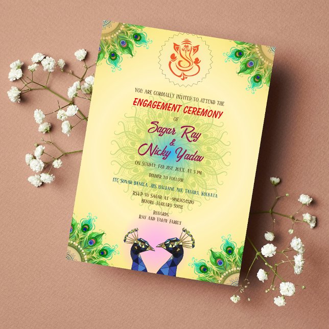 Convite Cerimônia de Engajamento Hindu Índia Casal de Pavõ (Criador carregado)