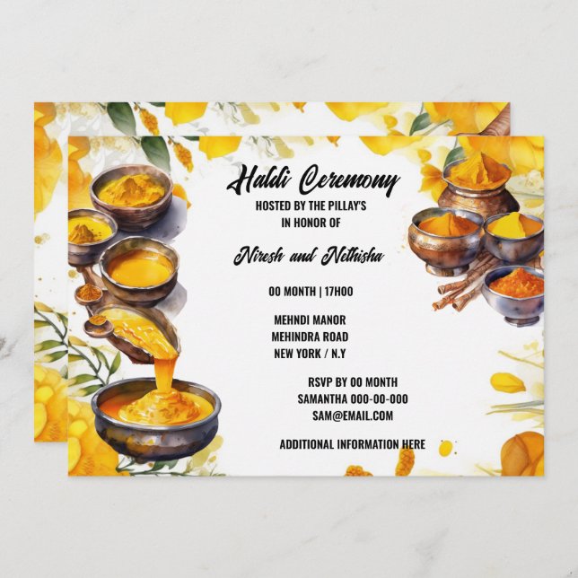 Convite Cerimônia de especiarias de Haladi, casamento trad (Frente/Verso)