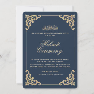 Convite Cerimônia de Henna Mehndi Azul Naval Barroco Vinta