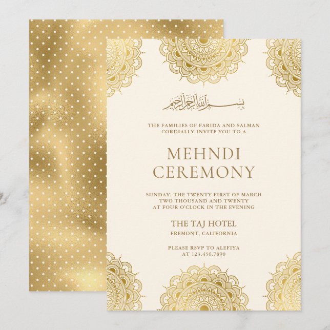 Convite Cerimônia de Mehndi com Motivo Asiático em Creme e (Frente/Verso)