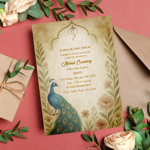 Convite Cerimônia de Mehndi da Noiva Indiana Pavão Floral
