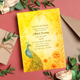 Convite Cerimônia de Mehndi da Noiva Indiana Pavão Floral