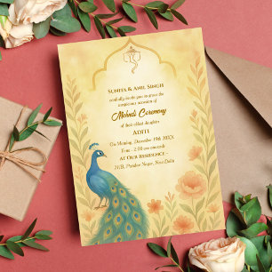 Convite Cerimônia de Mehndi da Noiva Indiana Pavão Floral