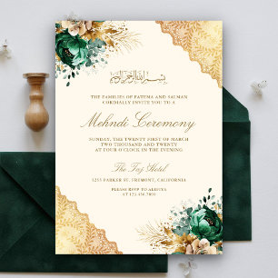Convite Cerimônia de Mehndi Muçulmana com Renda Dourada Fl