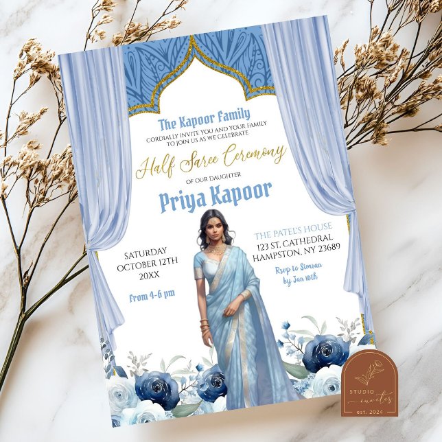 Convite Cerimônia de Menina Indiana com Meia Saree Azul Fl (Criador carregado)