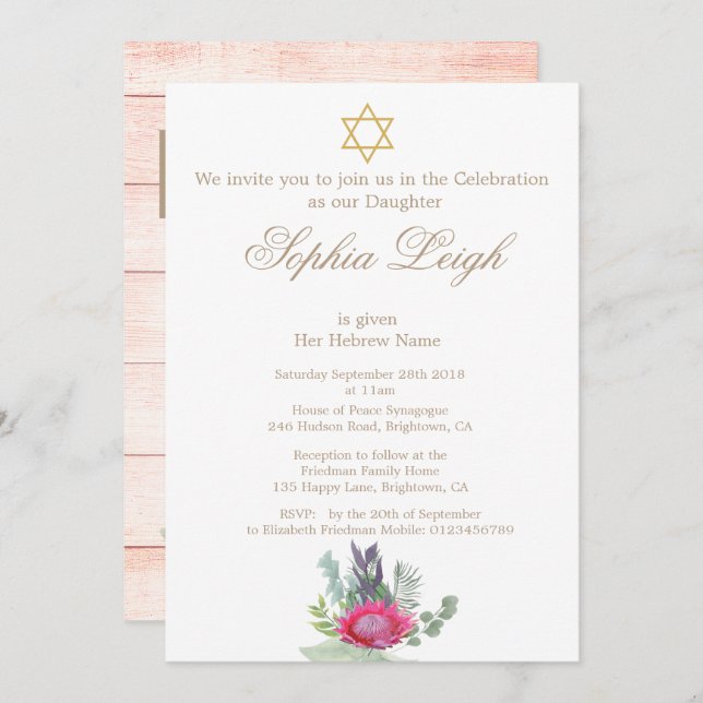 Convite Cerimônia de Naming de Bebês Hebraico Rapariga Rus (Frente/Verso)