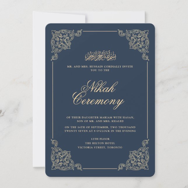 Convite Cerimônia de Nikah Antiga Azul Naval Barroca Vinta (Frente)