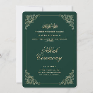 Convite Cerimônia de Nikah Antigo Barroco Dourado Esmerald