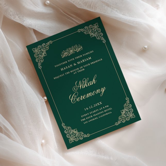 Convite Cerimônia de Nikah Antigo Barroco Dourado Esmerald (Criador carregado)
