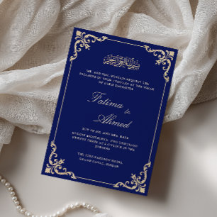 Convite Cerimônia de Nikah Azul Real com Flores Rococó Ant
