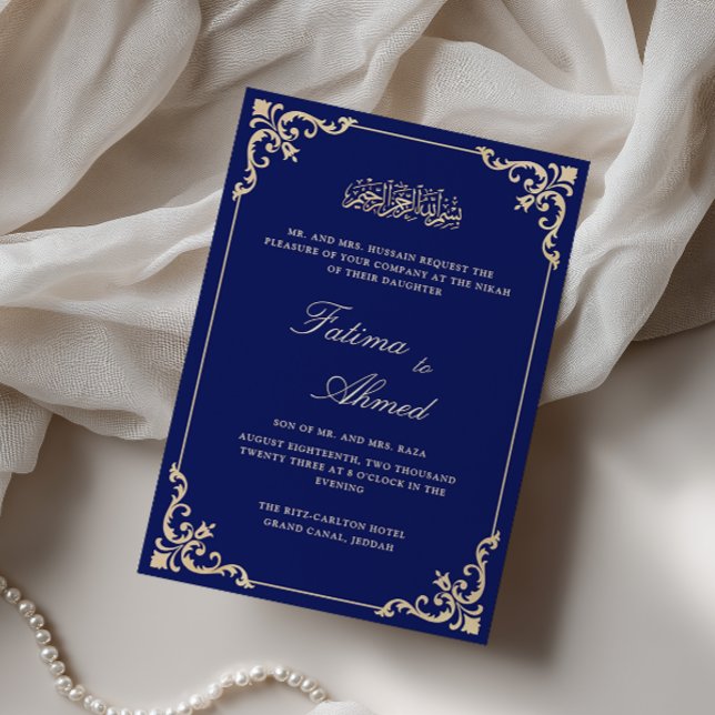 Convite Cerimônia de Nikah Azul Real com Flores Rococó Ant (Criador carregado)