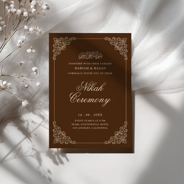 Convite Cerimônia de Nikah Barroco Antigo Dourado Marrom R (Criador carregado)