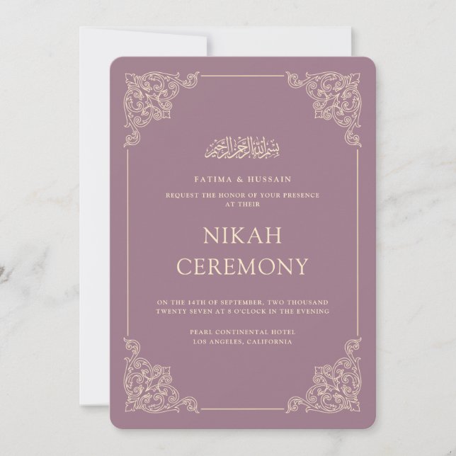 Convite Cerimônia de Nikah Barroco Antigo Dourado Roxo Emp (Frente)