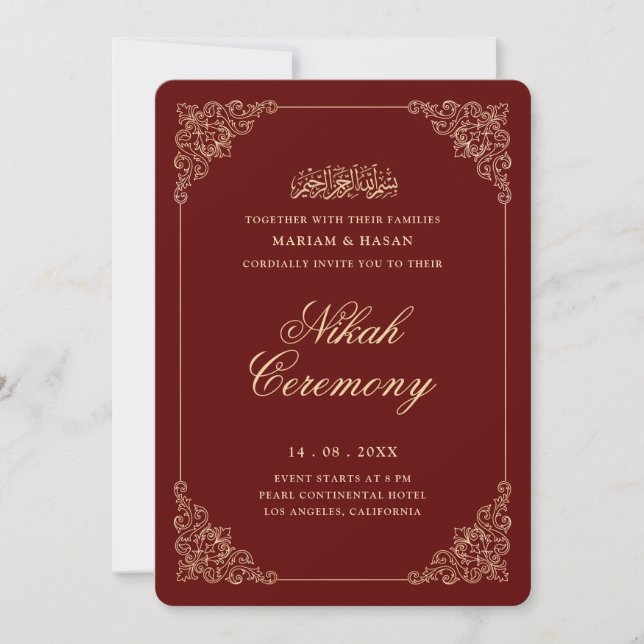 Convite Cerimônia de Nikah Barroco Dourado Borgonha Vermel (Frente)