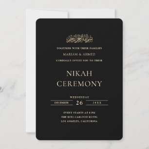 Convite Cerimônia de Nikah Preta com Letra Dourada Formal