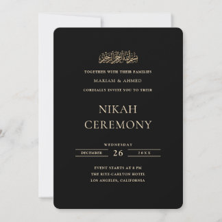 Convite Cerimônia de Nikah Preta Escrita Formal Dourada Mí