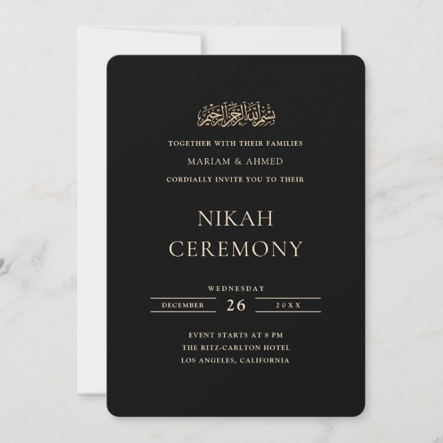 Convite Cerimônia de Nikah Preta Escrita Formal Dourada Mí (Frente)