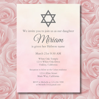 Convite Cerimônia de Nomeação de Bebê Judaica Rosa Claro S