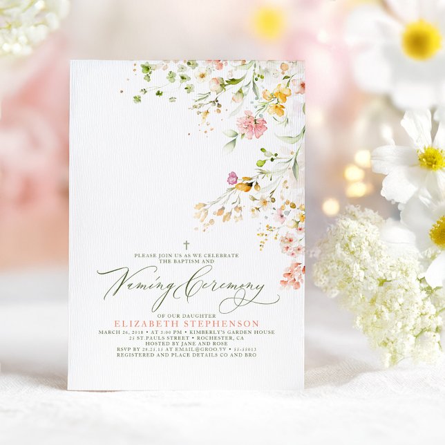 Convite Cerimônia de nomeação de flores silvestres Elegant (Wildflowers Baptism and Naming Ceremony Invitation)