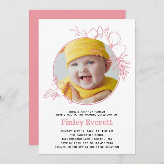 Convite Cerimônia de Nomeação de Frame Floral Cor-de-Rosa  (Frente/Verso)