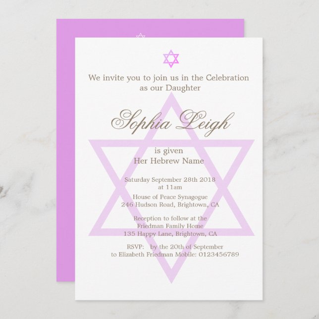 Convite Cerimônia de nomeação de Lavandas judaica (Frente/Verso)