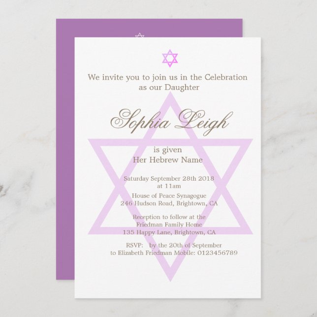 Convite Cerimônia de nomeação de mulheres roxas judaicas (Frente/Verso)