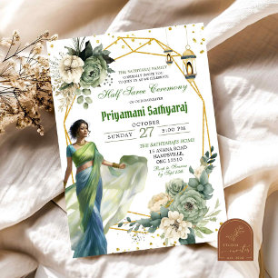 Convite Cerimônia de Sareia Meio Sage Verde Floral Índia