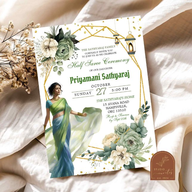 Convite Cerimônia de Sareia Meio Sage Verde Floral Índia (Criador carregado)