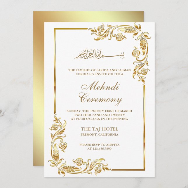 Convite Cerimônia Dourada Floral da Fronteira Islâmica Meh (Frente/Verso)