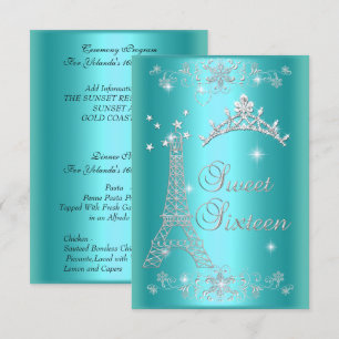 Convite Cerimônia e Menu de Jantar Sweet 16 Azul Turquesa