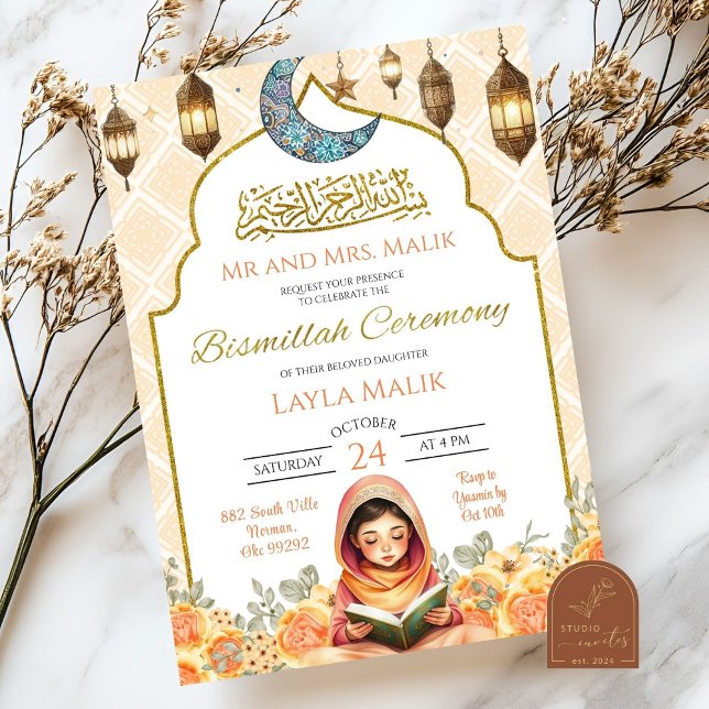 Convite Cerimônia Floral Bismillah da Menina Muçulmana (Criador carregado)