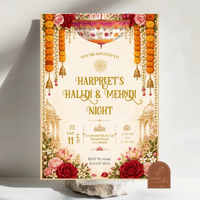 Convite Cerimônia Floral de Mendhi Noturna Rosa e Marygold (Criador carregado)