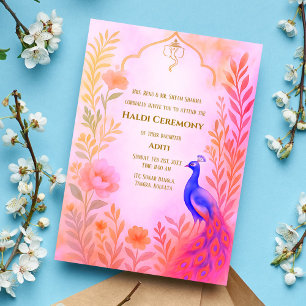 Convite Cerimônia Haldi da Noiva Indiana Pavão Floral