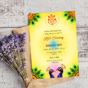 Convite Cerimônia Haldi Indiana Casal Hindu Pavão