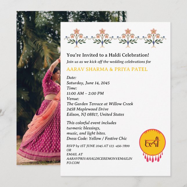 Convite Cerimônia Hindu de Haldi Indiana antes do casament (Frente/Verso)
