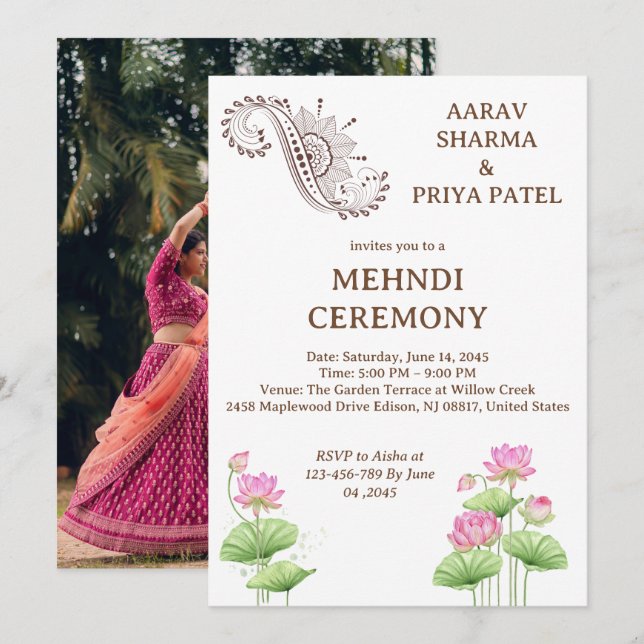 Convite Cerimônia Hindu de Mehndi Indiana Pré-Casamento (Frente/Verso)