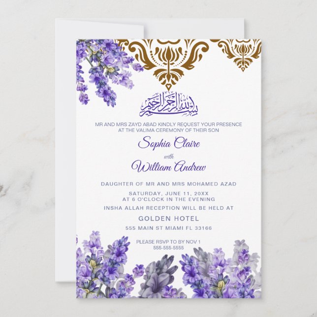 Convite Cerimônia Islâmica de Casamento Floral Valima Aven (Frente)